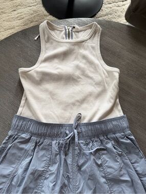 Anthropologie Cream Ribbed Tank Jumpsuit with Light Blue Drawstring Waist